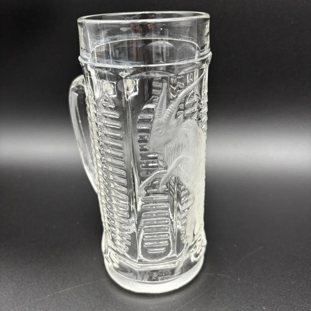 Bohemian Pressed‎ Glass German Tankard Mug Stein w Etched Ram Goat VTG 7.5